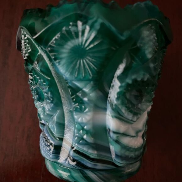 Vintage Green & White Swirl Glass Votive Candle Holder | Textured Cut Design - Picture 1 of 4